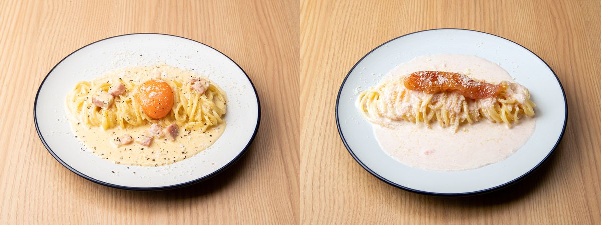（写真左）「濃厚チーズと卵のひとくちカルボナーラ」880円、（写真右）「丸ごと明太子のひとくちクリームパスタ」935円