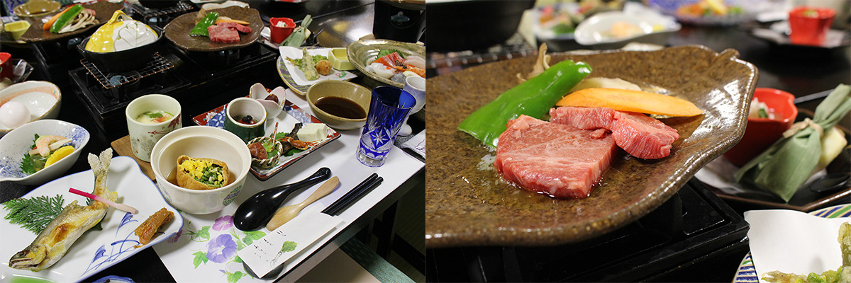 飛騨牛のステーキが付く「花会席」。品数も豪華!