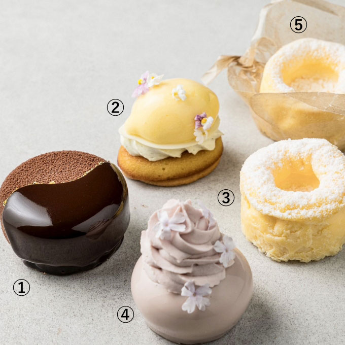 【Part2】<パティスリー ローブ 花鏡庵>  ①シュシュ 各日20点限り 864円 (１個)  ②シトロン 各日20点限り 801円 (１個)  ③チーズケーキ 各日20点限り 601円 (１個)  ④ミミ 各日20点限り 801円 (１個)  ⑤スモークチーズケーキ 各日20点限り 701円 (１個)