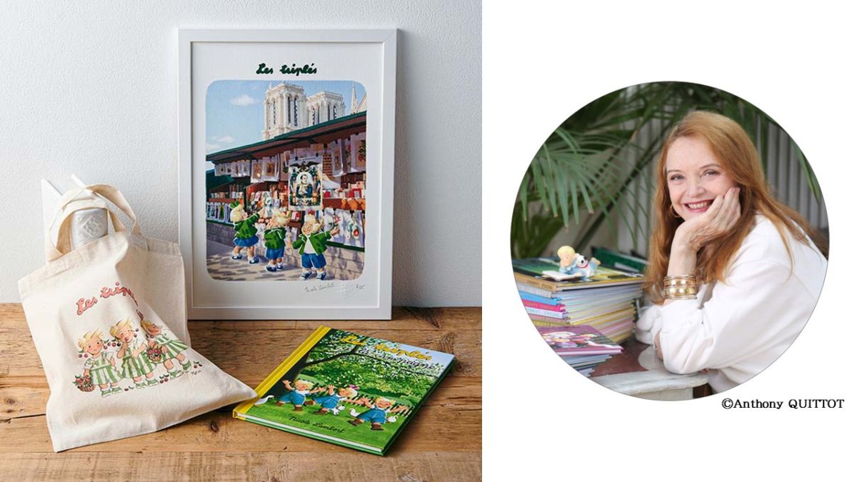 【Part1】<レ・トリプレ みつごちゃん>  左：トートバッグ 小　「さくらんぼ」 3,630円  中央：デジグラフィ「セーヌ川のブキニスト」77,000円  右：書籍「レ・トリプレ いなかのみつごちゃん」5,500円