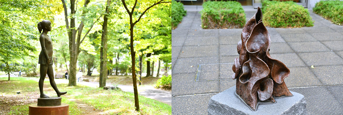 左／「武蔵野の森」にある『少女』、右／「府中市美術館」前にある『木の耳』
