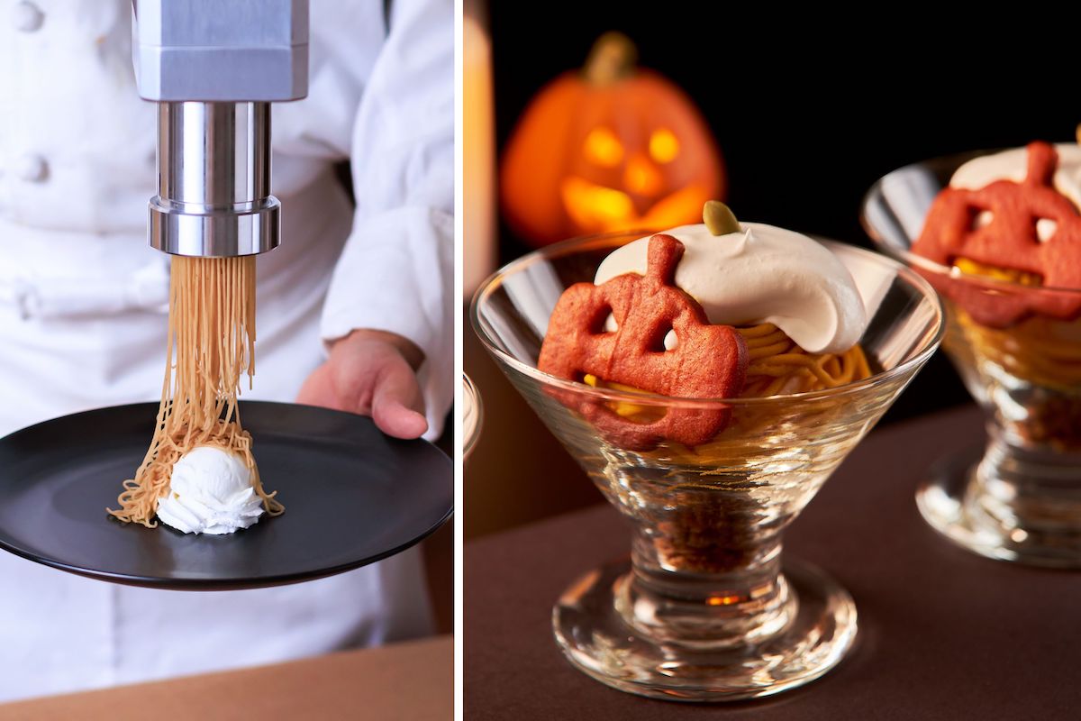 左：パティシエが目の前で生絞り！　右：生絞りハロウィーンパフェ