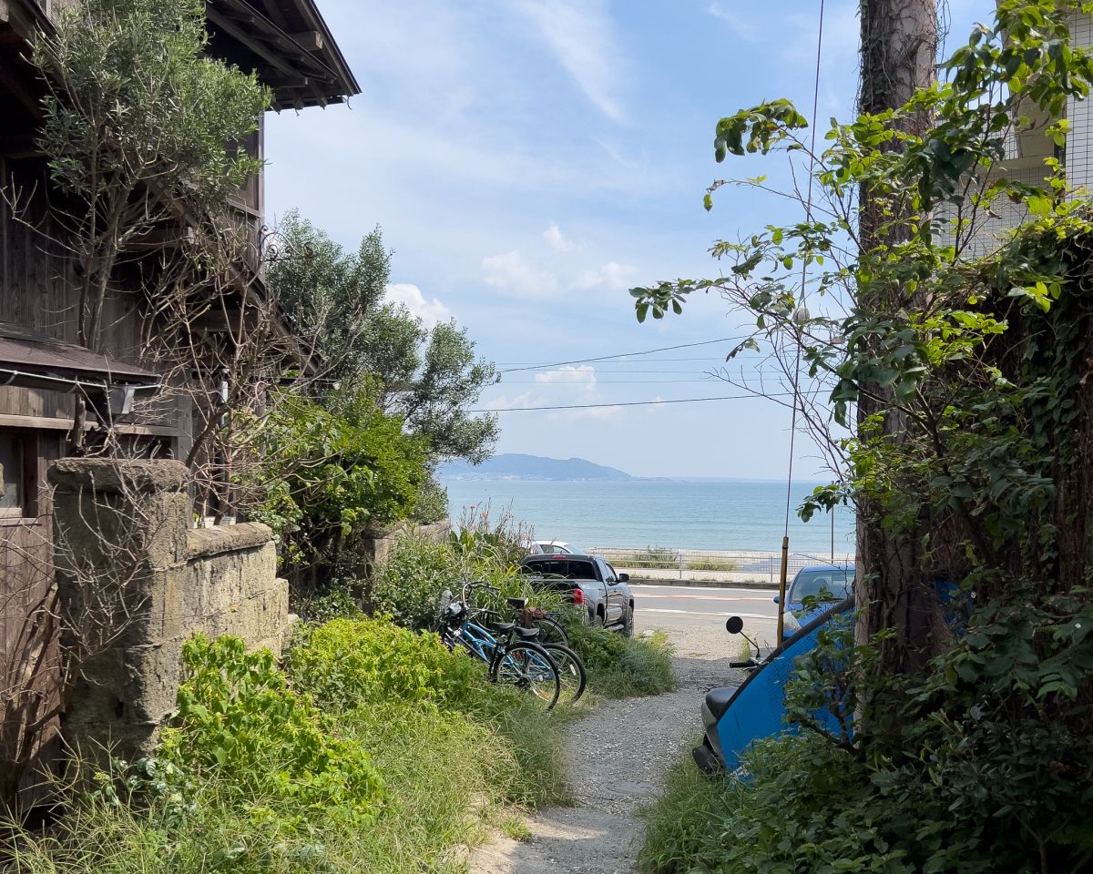 お店の前から海が見える