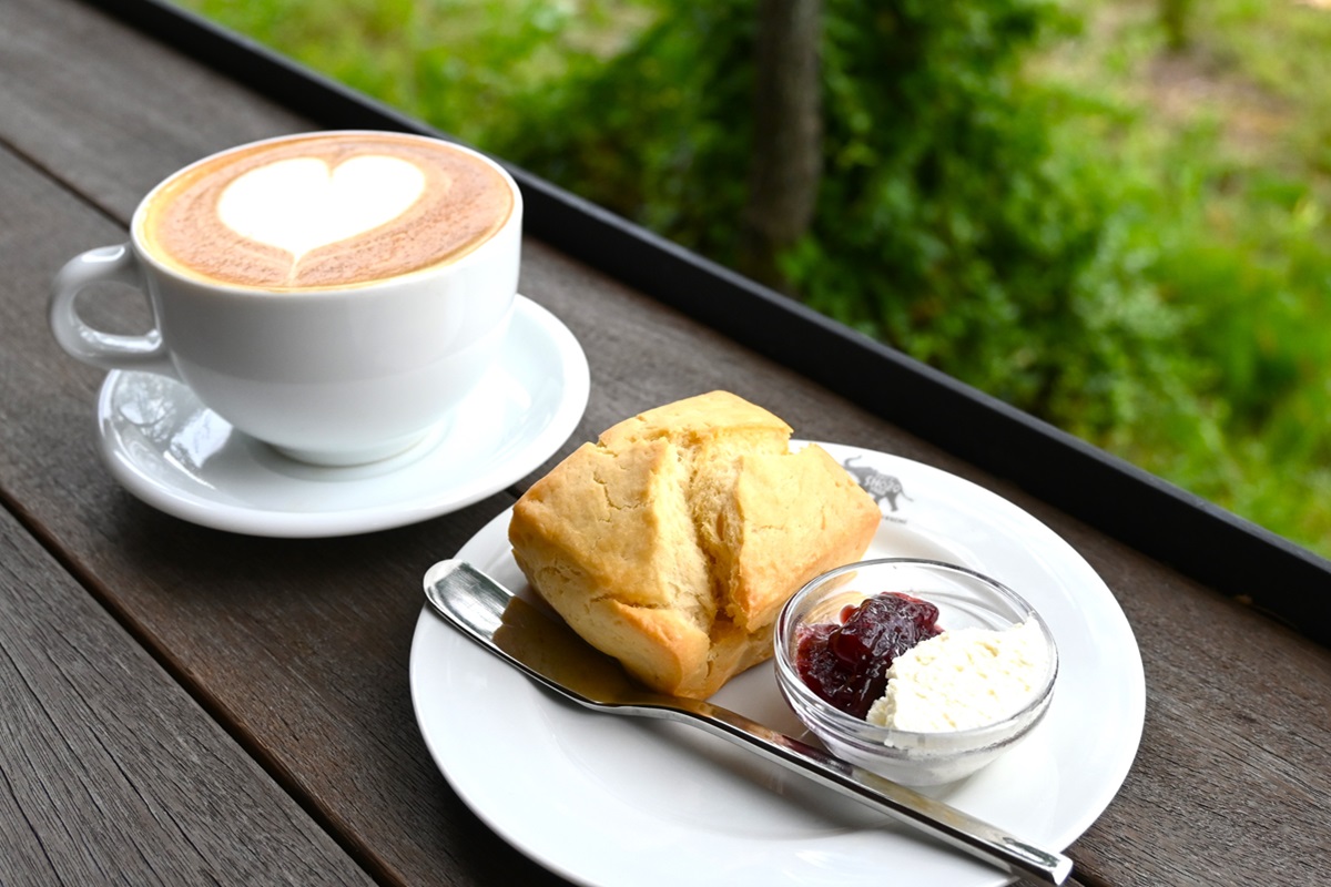 カフェラテ680円、プレーンスコーン350円、スコーンクリーム(生クリーム&ラズベリージャム)100円