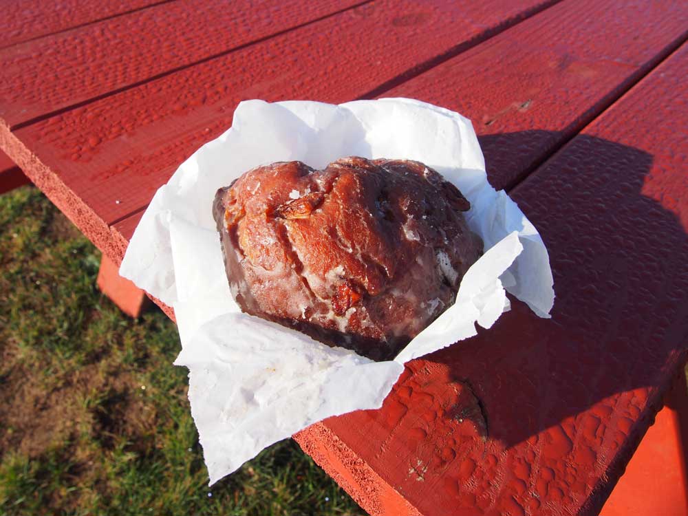 アップルフリッター　$●　。店の前は、道路を挟んで広大な湖が広がり爽快