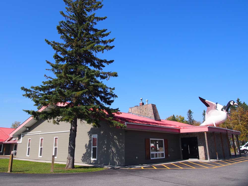 レストランの屋根の上にもガチョウが。隣に併設するモーターインは、カナダの天才ピアニストにして作曲家のグレングールド（1945～1982）が定宿としたという