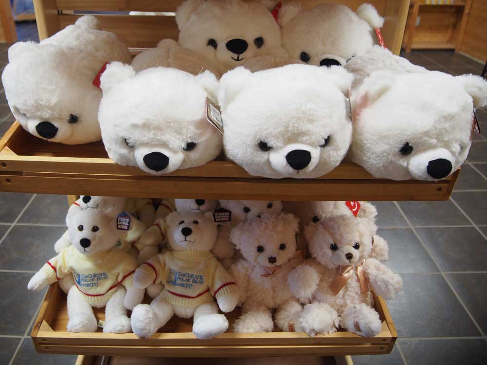 ショップにはクマグッズがたくさん。ぬいぐるみ（上段）$25.95 など