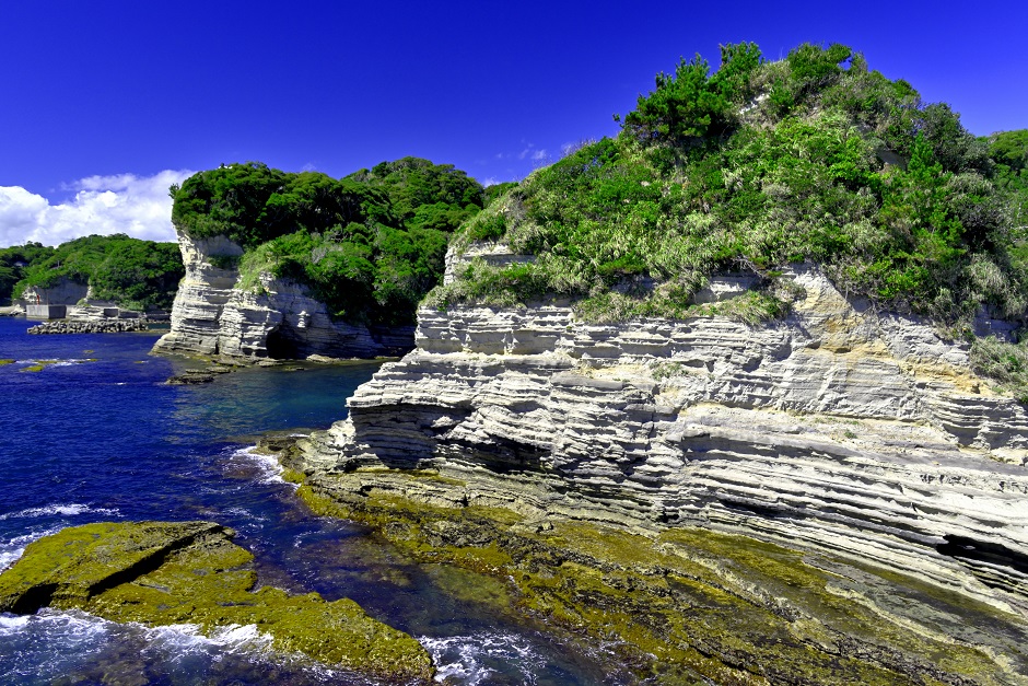 岩肌が露出した白い崖は神秘的な美しさ