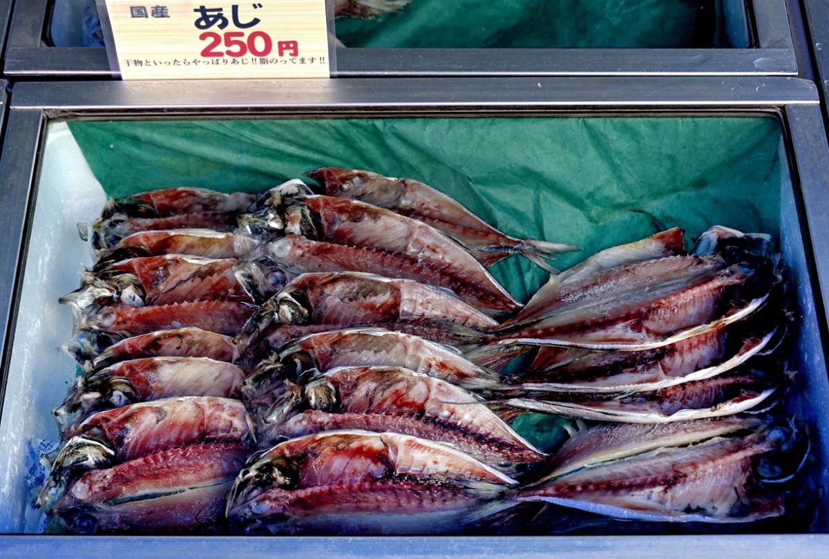 魚介類も種類さまざま。この日はアジの干物が販売されていた