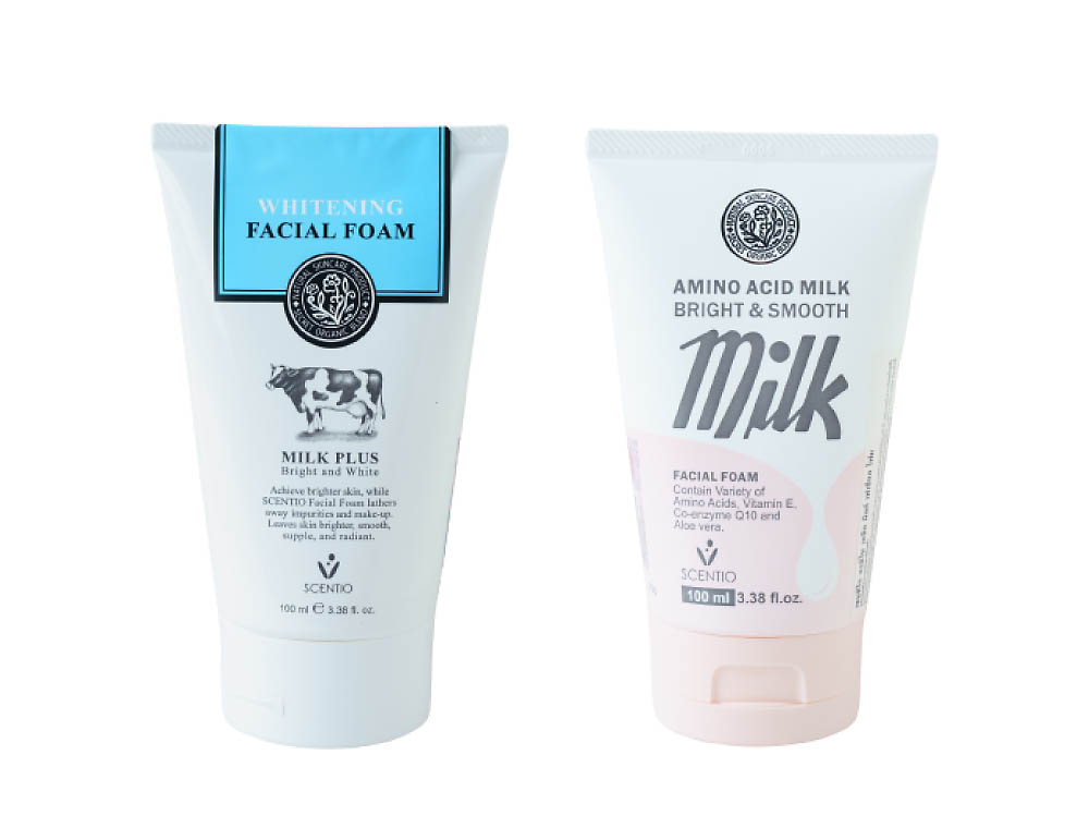 左から「ホワイトニングフェイシャルフォーム」B140（100ml）、「アミノアシッドミルクフェイシャルフォーム」B159（100ml）