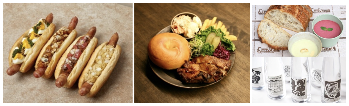 AZABUDAI HILLS CAFE by TACUBO「THEホットドッグ」900円、BAGEL STANDARD「ベーグルボックス」各1800円、BAKE STORE「ポタージュスープ」550円