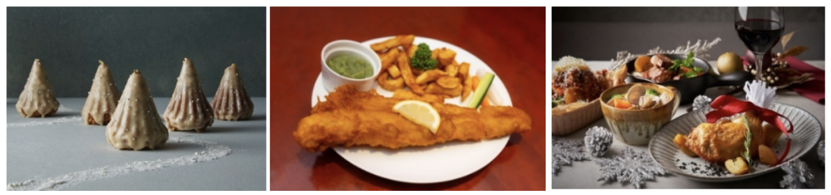 （左から）8ablish「グルテンフリーシュトーレン」800円、FISH＆CHIPS MALINS「フィッシュ＆チップス（フィレ）」2000円、GOOD GOOD MEAT「オーガニックスパイスクリスマスチキン」1000円