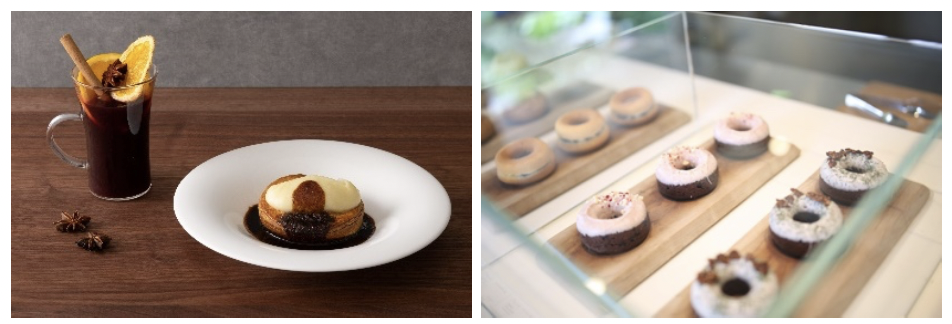 （左から）Hills House Dining 33「牛頬肉の赤ワイン煮 -パイ仕立て-」2200円、hocus pocus「ドーナツ」390円～