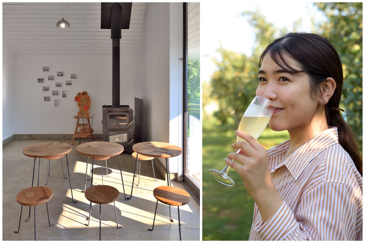 薪ストーブやアリの足をイメージしてデザインされた家具などお洒落な内観。テラス席ではりんご畑をバックにシードルを飲むことができる