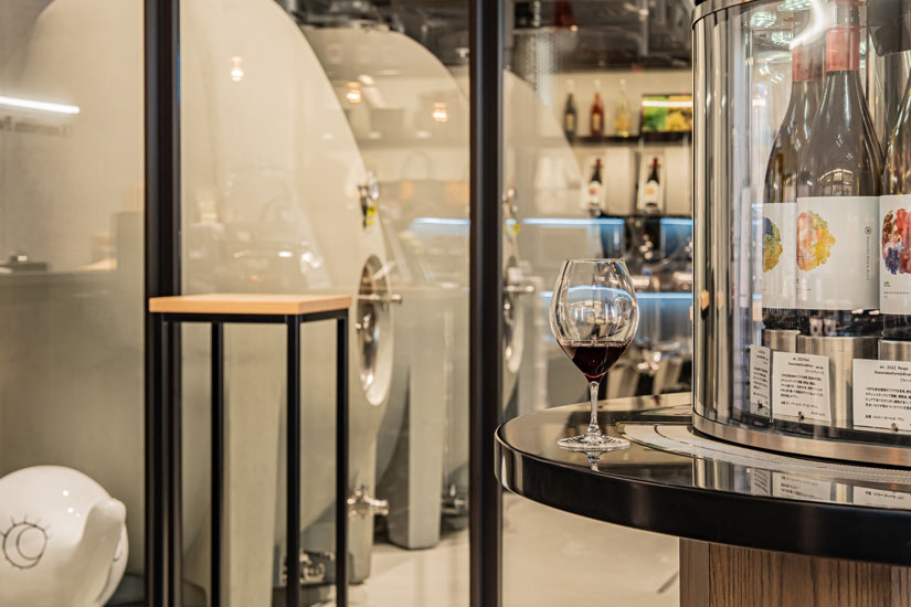 タンク室を望む試飲コーナー。希少なコンクリート・エッグタンクは、タンク内が一定の温度に保たれ、酸素を取り込みながら対流を生み出す丸い形が特徴です