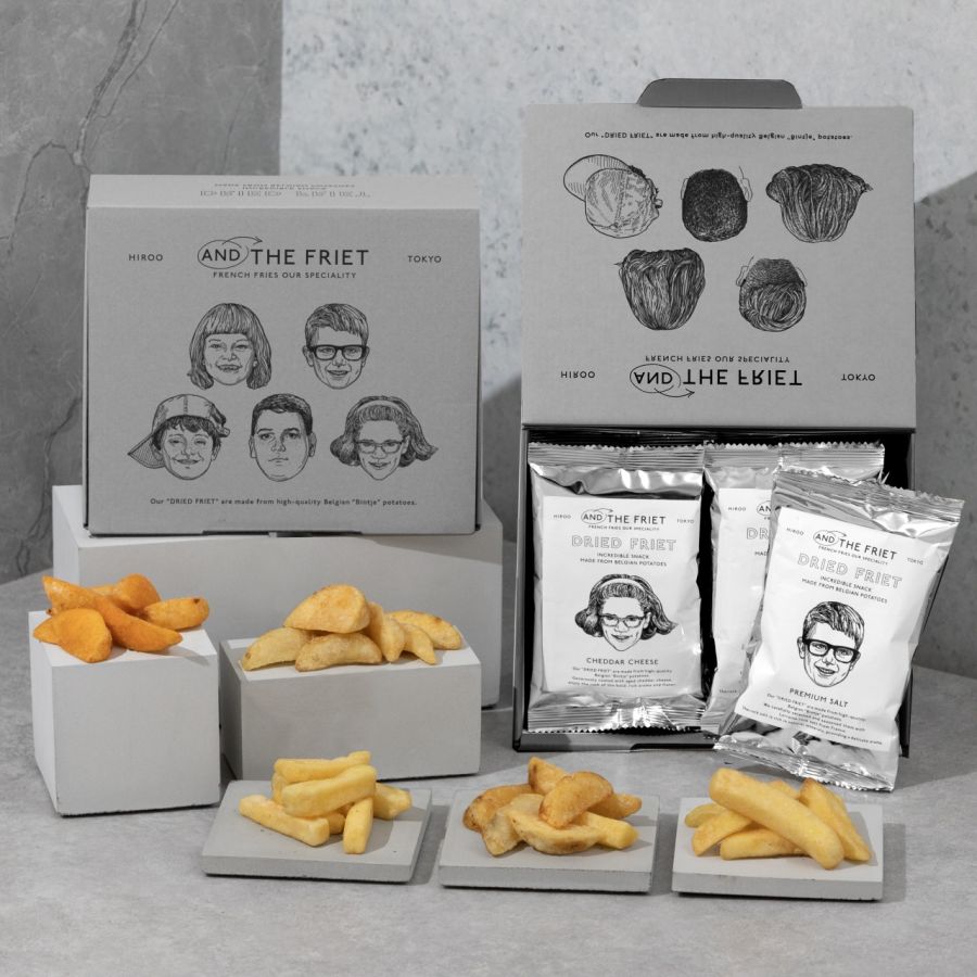 「ドライフリット ギフトボックス ミニ 5個」（プレミアムソルト、ダブルトリュフソルト、チェダーチーズ、ハニーソルト アンド バター、アンチョビ アンド ガーリック）1箱1400円／＠AND THE FRIET
