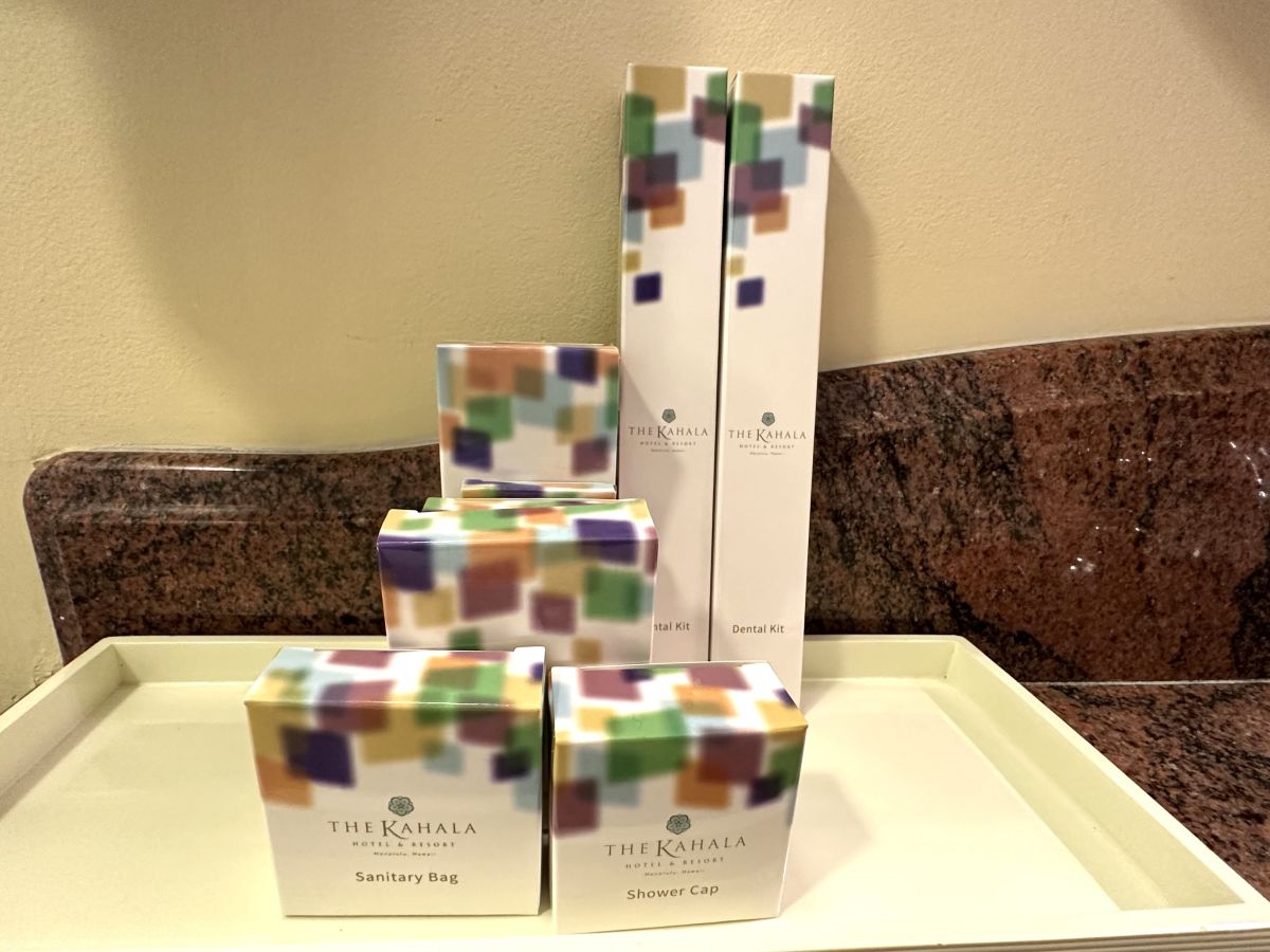 歯ブラシ2本、シャワーキャップ、バニティキット、ソーイングセット、サニタリーバッグ、シェービングセットが付いている