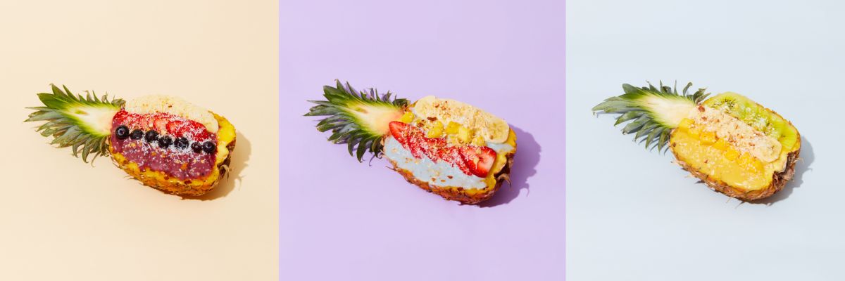 （左から）「アサイーボウル」1900円、「ブルーボウル」1900円、「イエローボウル」1800円