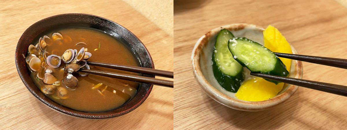 （写真左）「心にじーんとしじみ汁」※単品の場合は320円、（写真右）「お新香」※単品の場合は100円