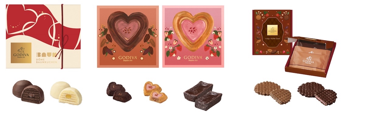 左から「ドームバームクーヘン ショコラノワール＆ショコラブラン」4個入1998円、「ガトー オ ショコラ ダーク」「ガトー オ ショコラ ストロベリー」各745円、「ゴディバ ガトー オ ショコラ」4428円、「クリスピー ワッフルサンド」4枚入り 1922円