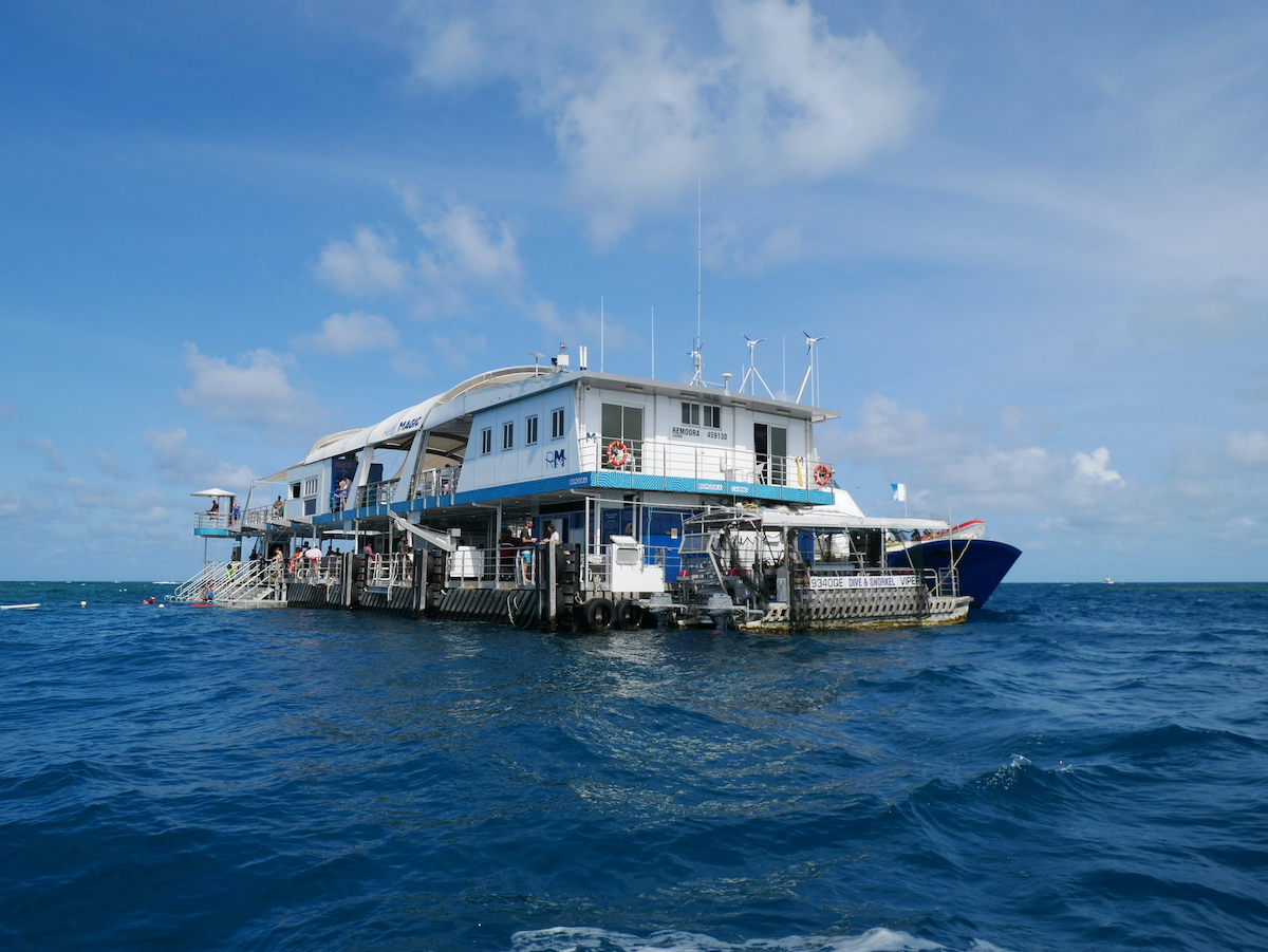 洋上のリーフアンリミテッド社のポンツーン「リーフマジック」の画像