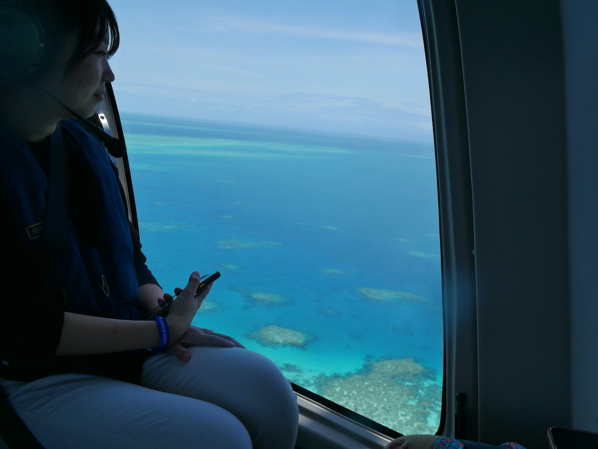 ヘリコプター内からムーアリーフを眺める女性の画像