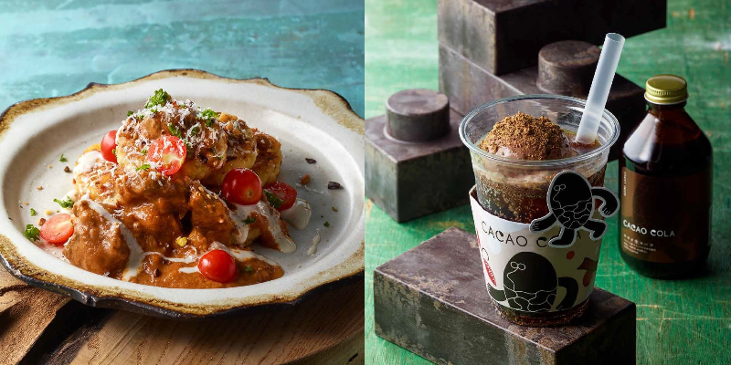 （左）GOOD CACAO「たっぷりトマトとゴルゴンゾーラの濃厚ビーフカレー」1000円、（右）「カカオ生コーラフロート」600円