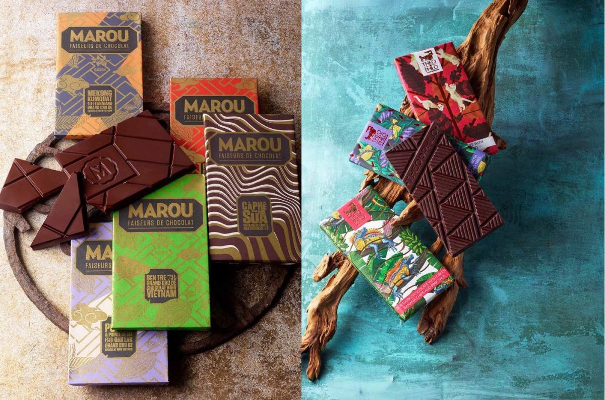 （左）MAROU「タブレット」（全13種、1枚入）1370円〜、（右）THEO&PHILO ARTISAN CHOCOLATES「タブレット」（全13種、1枚入）1070円