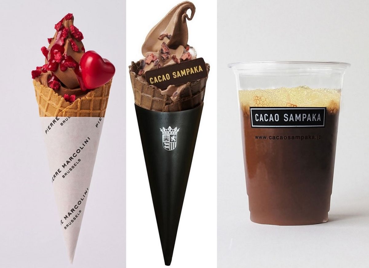 （左）PIERRE MARCOLINI「ソフトクリーム フランボワーズ」880円、（中）CACAO SAMPAKA「ジャラッツ カカオニブ」770円、（右）「ショコラタ パッションフルーツ」825円
