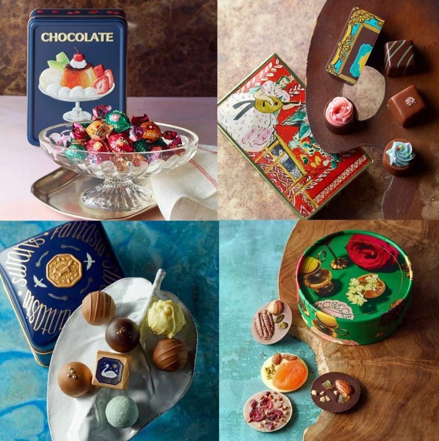 （左上から時計回りに）メリーチョコレート はじけるキャンディチョコレート。「プリンアラモード缶」（18個入）2160円、GARNIER「ガルニエＧ」（5個入）1404円、RURU MARY’S「マンディアンのチョコレート」（7枚入）2268円、キツネとレモン「白鳥のファンタジア」（9個入）1080円