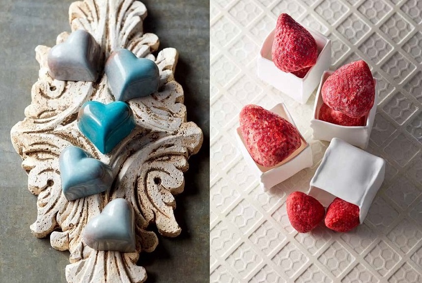 （左）BENOIT NIHANT「ブルー デ トワ」（6個入）3564円、（右）MÊLÉ DE CHOCOLAT「苺の四重奏」（4種 栃木県産スカイベリー®1個、とちあいか®2個、とちおとめ2個、福岡県産あまおう苺2個 <計7個入>）3780円