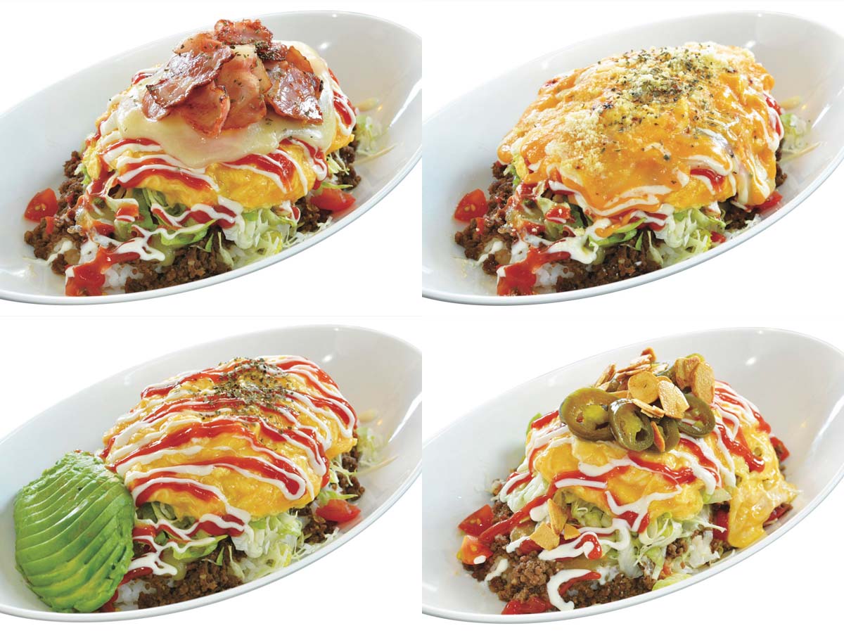 左上から時計回り ベーコン＆モッツァレラチーズ ／4種のチーズ／アボカド／ハラペーニョ＆フライドカーリック(ベースは全てオムタコ)