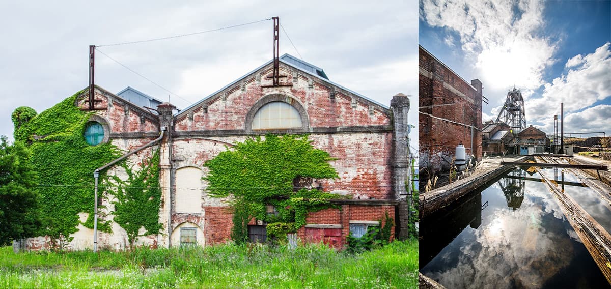 写真左/福岡県中間市「遠賀川水源地ポンプ室」、写真右/熊本県荒尾市「三池炭鉱 万田坑」 ※ともに撮影/前畑温子