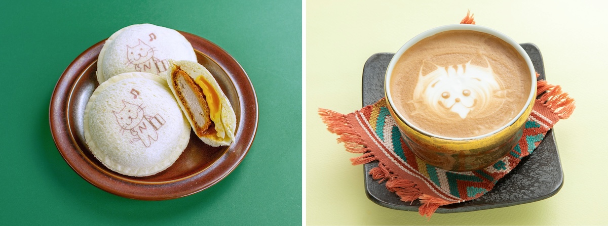 写真左から「ポケットサンド（にゃっぽりver）」1個486円/とんかつまい泉、「猫ラテ」1杯750円/サザコーヒー