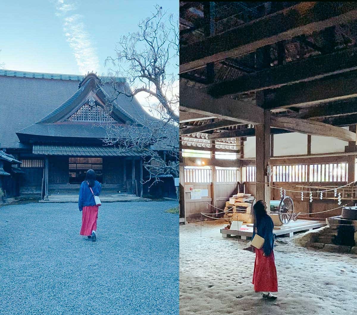 左/「江川邸」主屋の正面、右/主屋の土間 撮影:Swimmy