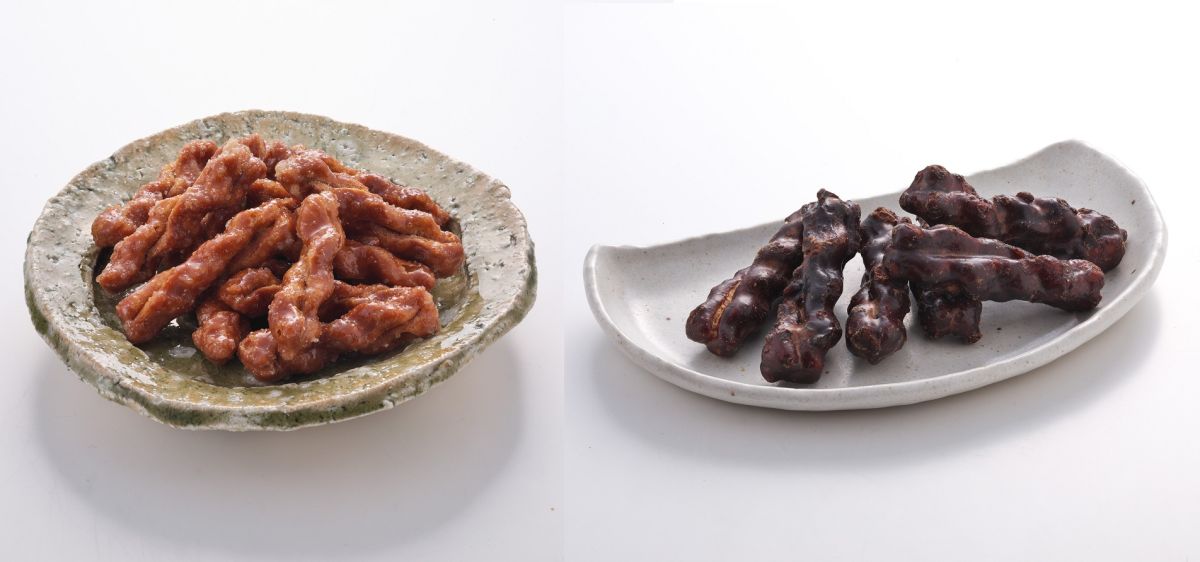 （写真左から）「日本酒に合う　醸造みそ入り姫かりん（みそひねり）」「赤ワインに合う　砂糖にこだわった姫かりん（黒ひねり）」各1個 450円