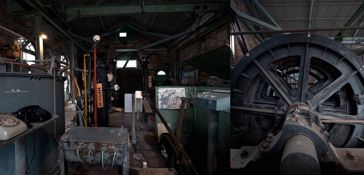 「三池炭鉱 万田坑」 左/第二竪坑巻揚機室 右/巻揚機 撮影/ryo tabi