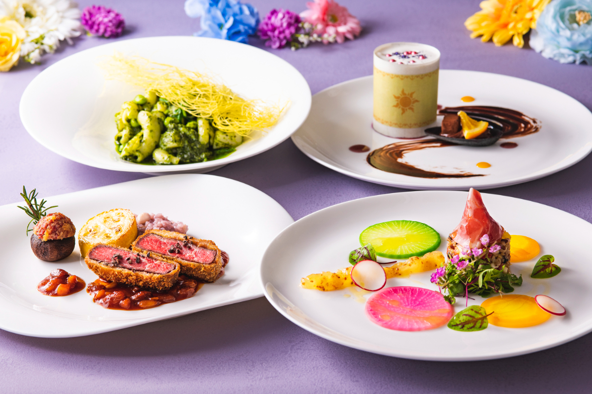 合鴨とモッツァレッラと雑穀のサラダ、プロシュート添え　リンゴのモスタルダ トレッチェ、シーフードと枝豆の紫蘇風味バジルソース　カダイフを添えて 牛肉のカツレツ、グラッパのアグロドルチェソース ナッツ入り　マッシュルームのファルスと蕪と紫イモのリゾット添え カシスホイップクリームとパイナップルマリネのガトー仕立て、アーモンド入り