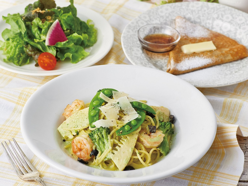 海老と筍のグリーンクリームソース　お茶付き 1595円（税込）