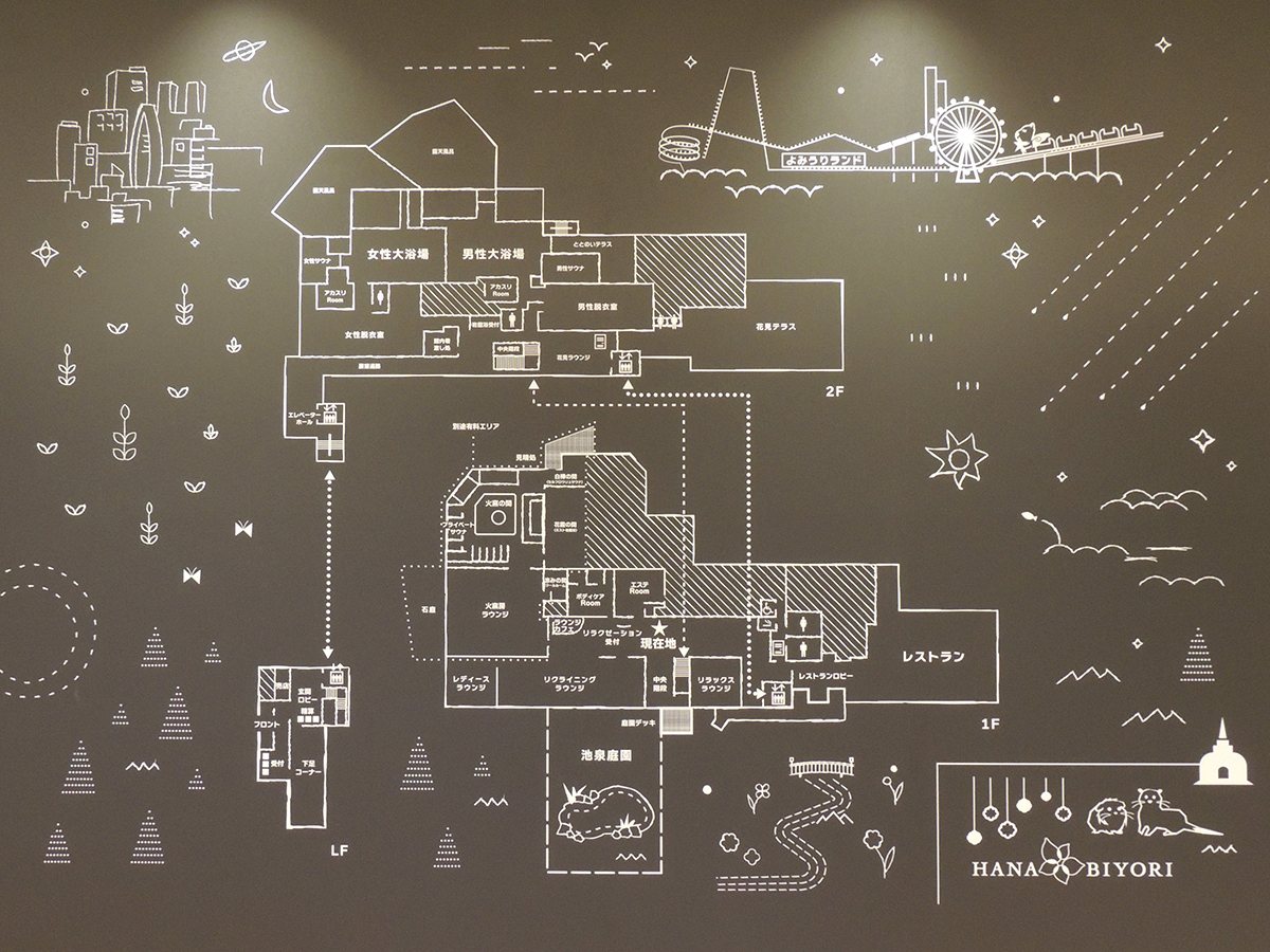 館内マップが壁にあります。どこに何があるかをチェック