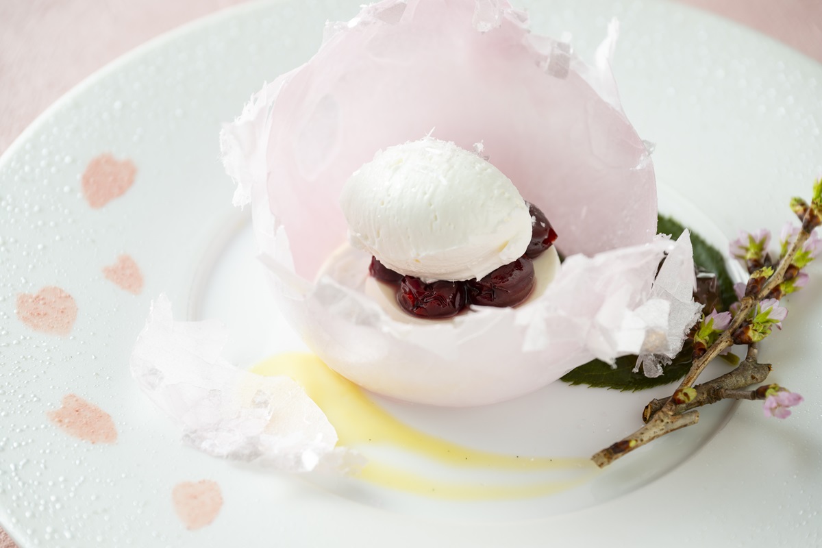 グランデセール②「Eclosion（イクロウジョン） ～トンカ豆のババロア　グリオットチェリーのコンポート　さくらソルベとアングレーズソース～」