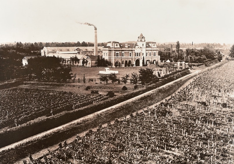 明治44年（1911）頃の牛久シャトー。建物の周りにブドウ畑が広がり、まさにボルドーのシャトーのよう