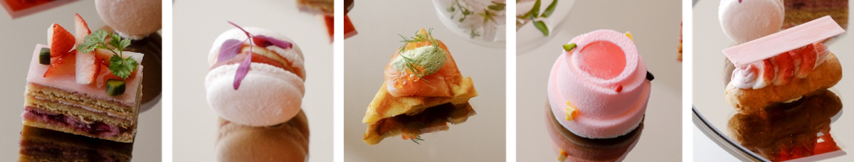 左から、「桜といちごのオペラ」、「フォアグラと桜のマカロン いちごとルバーブのジャム」、「アルプスサーモン ポテトワッフル」、「いちごのムース」、「いちごのエクレア」