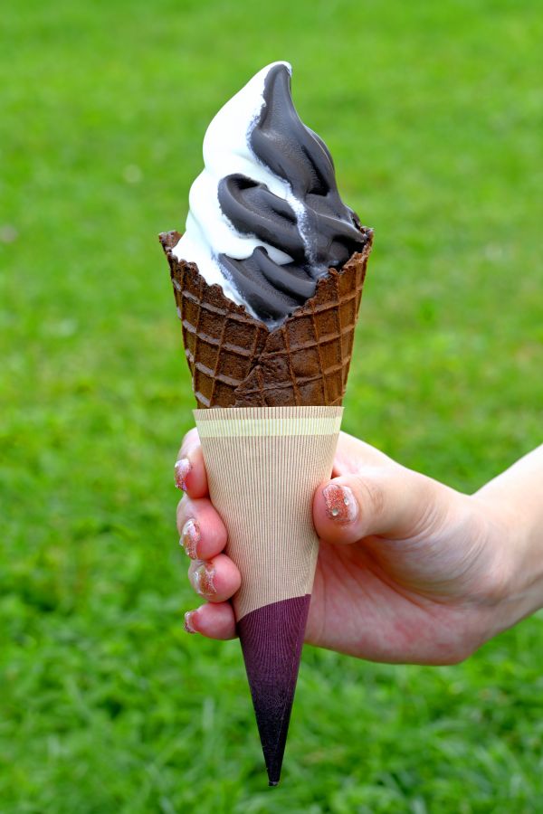 濃厚な味わいのソフトクリーム（３種類各410円）はナイタイテラスで食べられる。写真はバニラとショコラのミックスソフトの「うし」