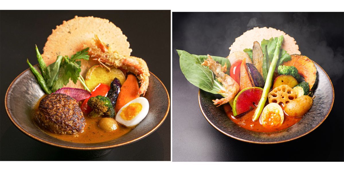 （左）「宗谷岬牧場直送！おくしばーぐカレー」1980円、（右）「17編成！特急野菜カレー」1580円