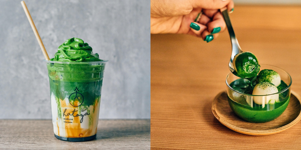 左から「抹茶ラテ壱(泡抹茶・黒糖トッピング)」1100円、「浅草プリン(白玉トッピング)」750円