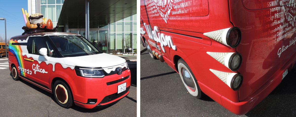 左のグリコワゴンはタイヤはプッチンプリン、取っ手はプリッツ。右はライトがジャイアントコーンです