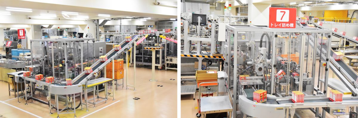 箱詰めされたポッキーが8箱ずつまとめてシュリンク梱包されます