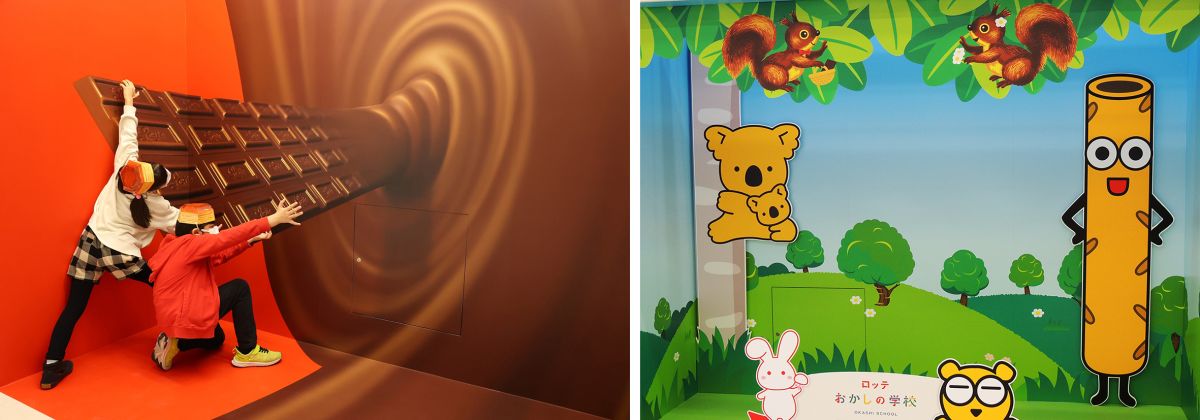 ガーナチョコレートのトリックアート（左）、コアラのマーチやトッポなども（右）