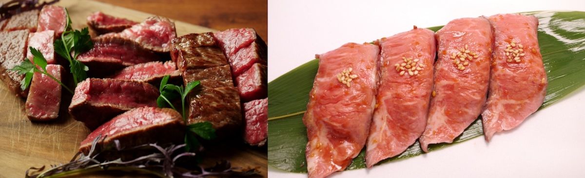 写真左から「肉師®︎が甘やかしすぎた黒毛和牛」/肉えびす89BAL、「星空舞　極み肉寿司」/土鍋ごはん　米三